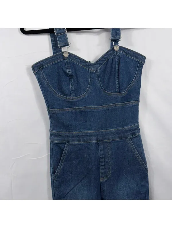 Peach Love California Denim Jumpsuit Women’s Small Flare Leg Adjustable Straps - Image 5