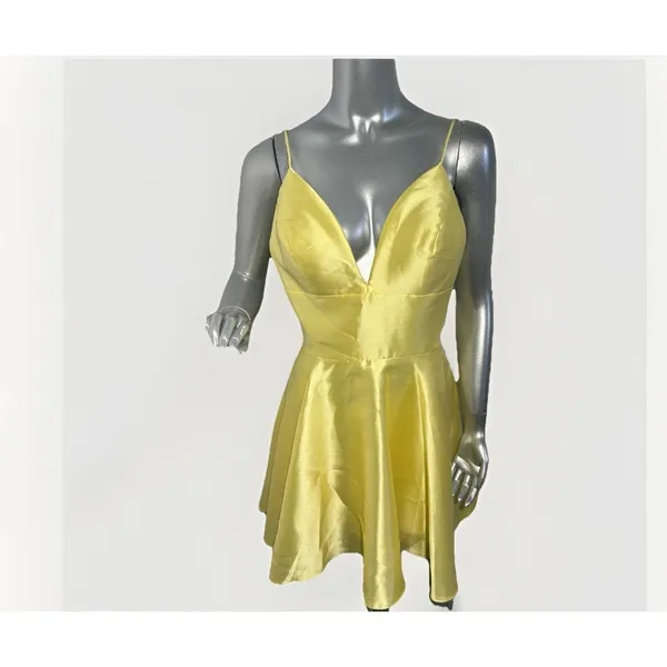 Sherri Hill 52379 Yellow Satin Short Cocktail Dress Fit & Flare Size 8 V-Neck - Image 4