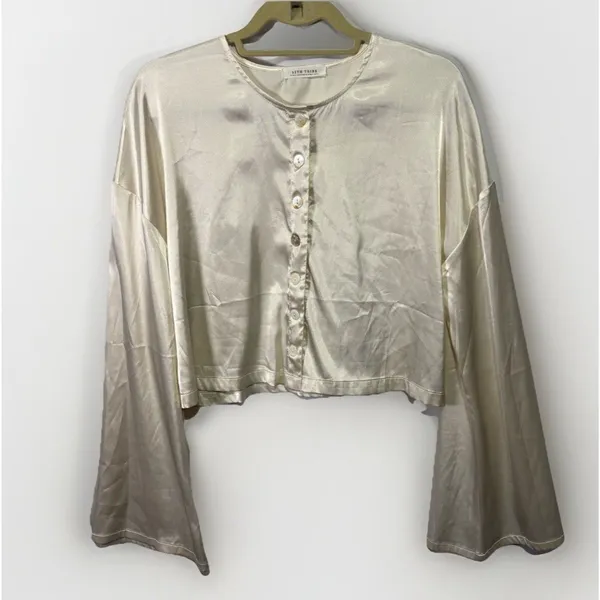 12th Tribe Women’s Top Blouse Satin Bell Sleeve Button Front Ivory Cream Large - Image 2