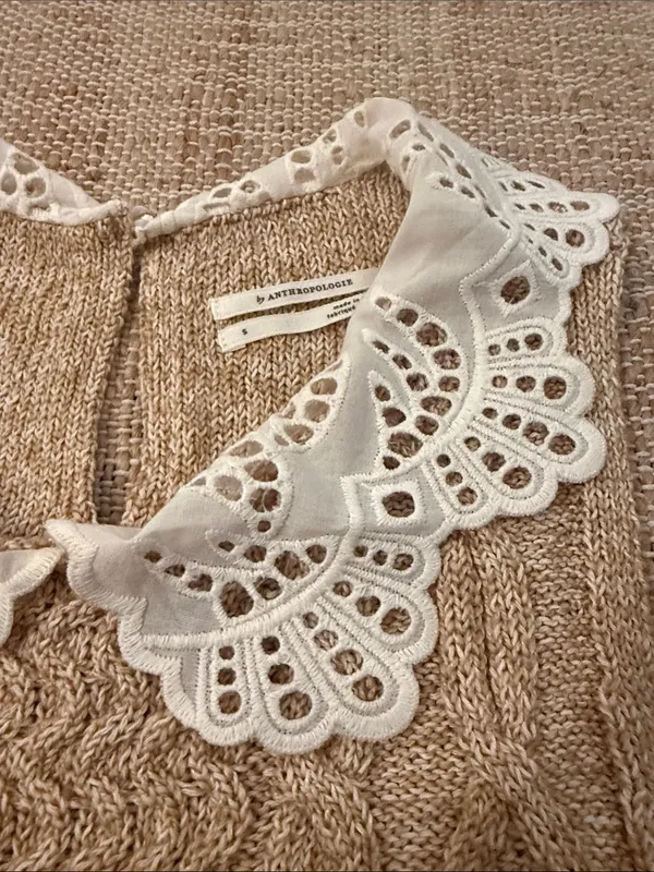 Anthropologie Lace-Trim Peter Pan Collar Tan White Knit Tank size Small - Image 5