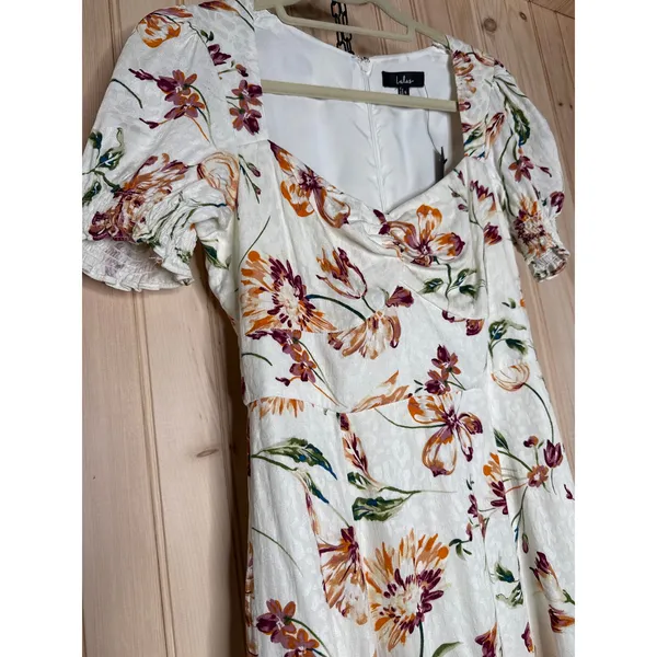 NWT Lulus Parisian Picnic Cream Floral Jacquard Puff Sleeve Midi Dress Resort S - Image 7