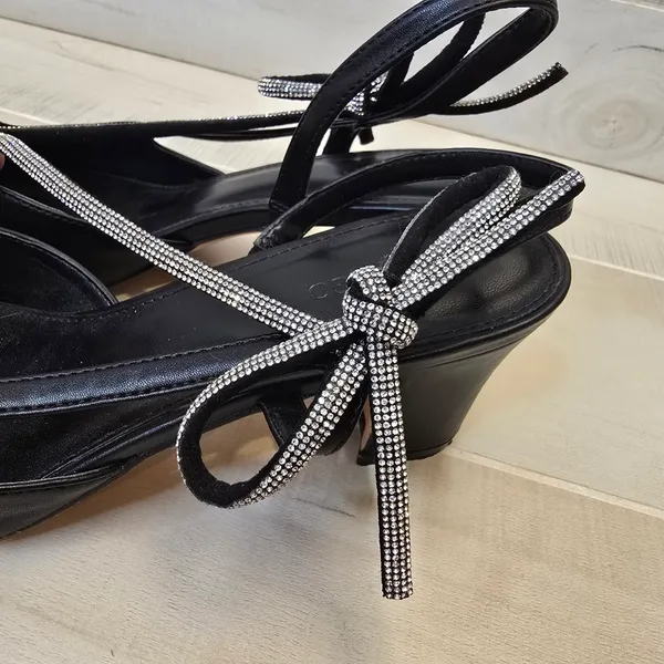 {11} Coutgo Rhinestone Slingback Chunky Heel Pointes Toe Black - Image 5