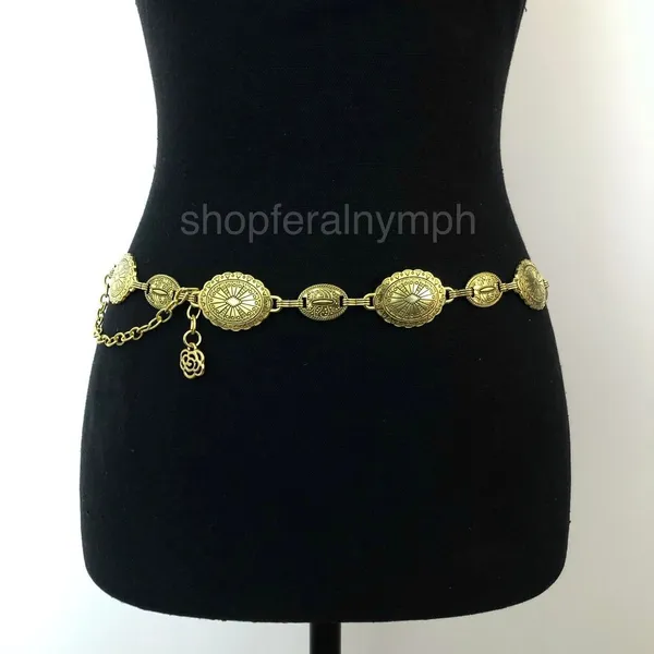Vintage Y2K Boho Gold Medallion Chain Belt, Fits 22.5–38 Inches, X7GA1199 - Image 2