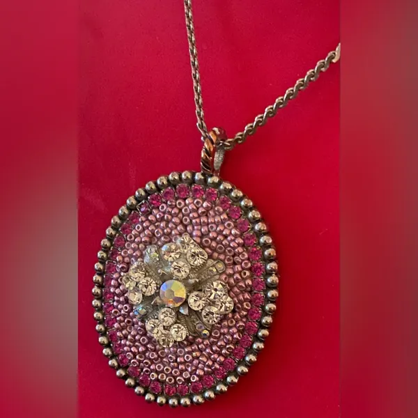 Vintage Pink Crystal Floral Statement Pendant Necklace Silver Tone 16” - Image 3