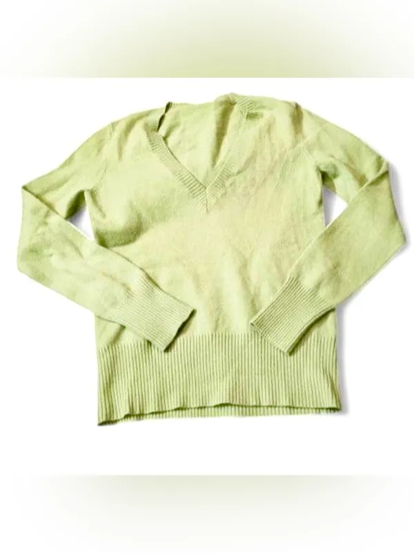 Theory Lime Neon Avocado Green 100% Cashmere V-Neck Sweater Sz M Retail $265 - Image 7