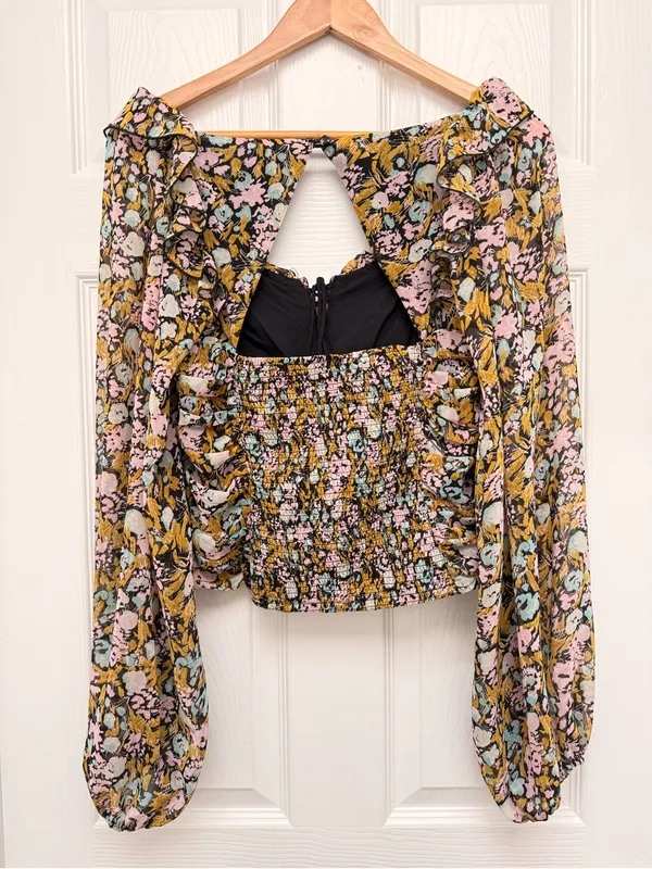 Free People Mabel Printed Blouse Black‎ Multi Floral Ruched Puff Sleeve Medium - Image 5
