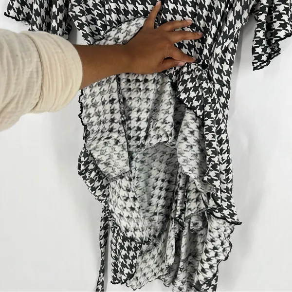 Passion Lilie Houndstooth Cotton Black White Ruffle Hem Mini Wrap Dress Size XL‎ - Image 10