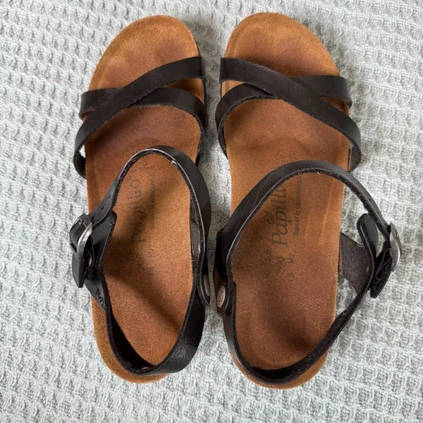 Papillio Birkenstock Womens Black Leather Sandals 9 Strappy Summer Wedge Shoes - Image 4
