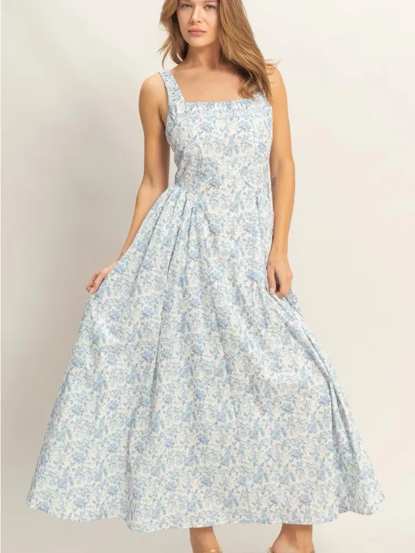 HYFVE Blue Floral Cotton Empire Waist Maxi Dress Square Neck Cottagecore Medium - Image 4