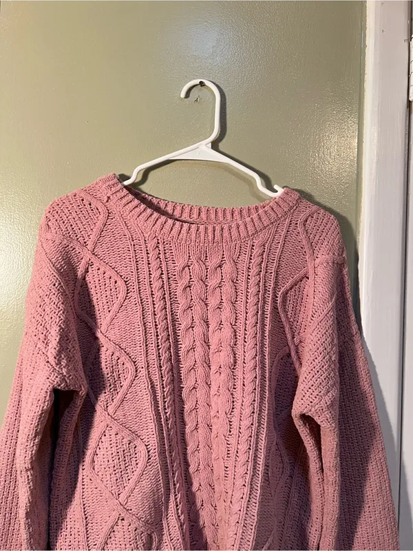 SO Womens Size Large Crewneck Sweater Chenille Light Pink Cable Knit Balloon Slv - Image 3