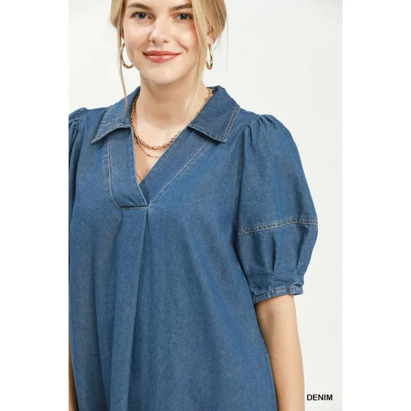 Umgee Chambray‎ Collared Puff Sleeve Dress - Denim - Small - Image 5