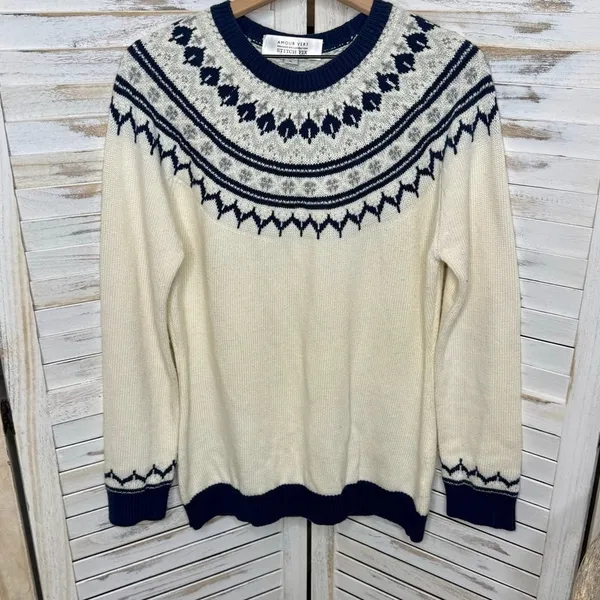 AMOUR VERT Women's XL Whistler Nordic Fair Isle Ribbed Knit Sweater Navy Cream - Image 13