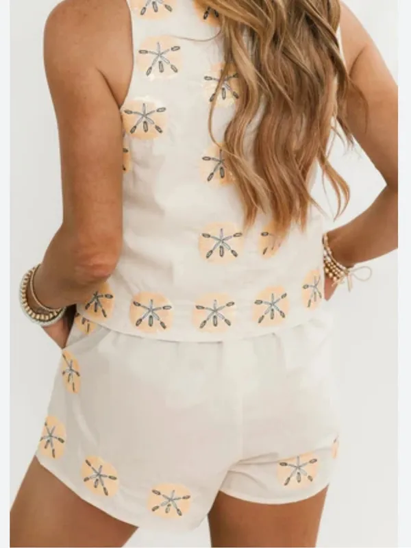 QUEEN OF SPARKLES Sequin Sand Dollar Cotton Tie Tank Top & Shorts Matching Set - Image 4