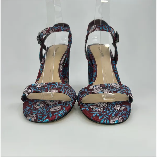 Gianni Bini Mckaria Jacquard Floral Block Heel Sandals Burgundy Blue 7.5 Wedding - Image 7