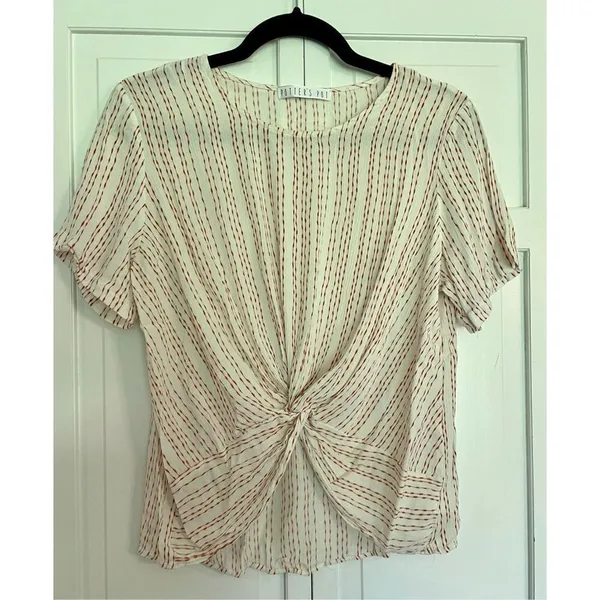 Anthropologie Potters Pot white linen textured cropped knot front blouse - Image 2
