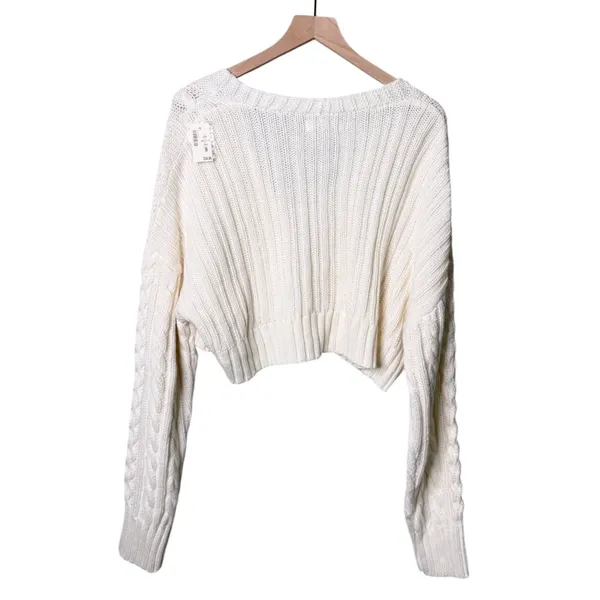 NWT Aeropostale Oversized Cable Knit Cropped V Neck Cardigan Sweater Cream XL - Image 5