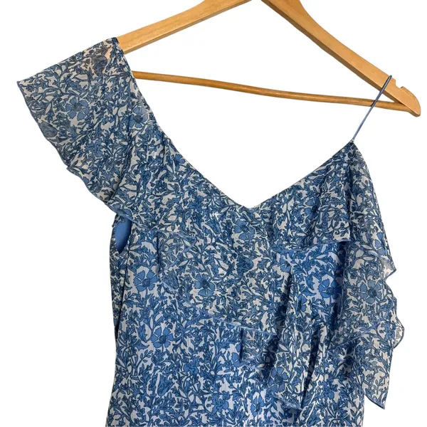 Alice + Olivia Olympia Blue Floral Print Silk Ruffled Asymmetric Midi Dress 2 - Image 4