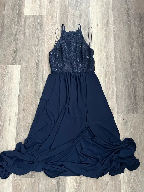 Morgan & Co Navy Lace Sequin Halter Maxi Gown Prom Evening Formal Dress Junior 7 - Image 2