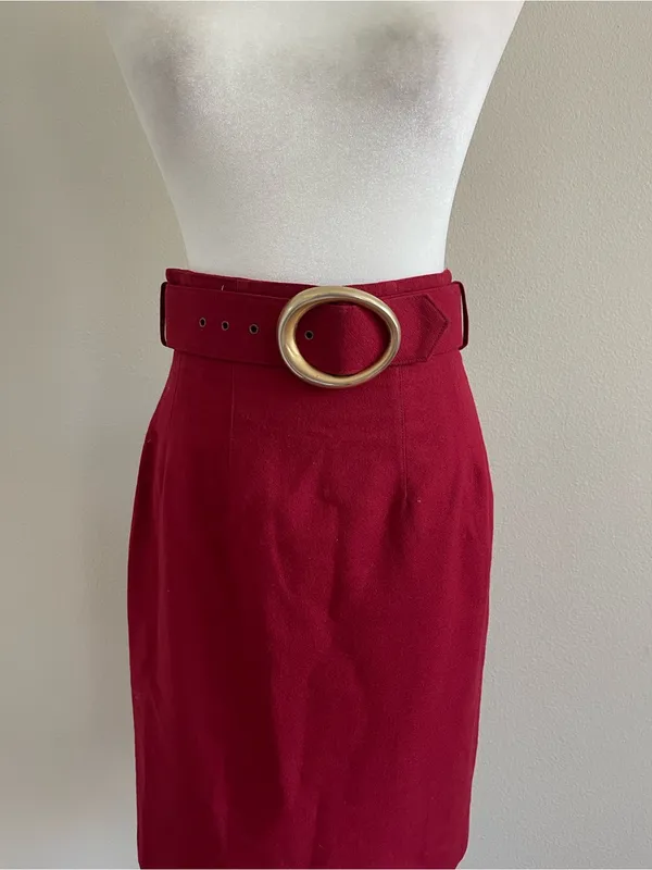 Ann Taylor Burgundy Wool Pencil Skirt with Round Buckle Belt - Image 2