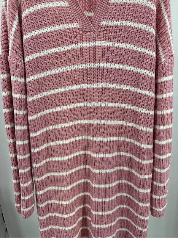 Merokeety Striped Pink sweater Maxi Dress v-neck Collared L side slits casual - Image 9