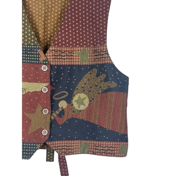 VTG Orvis 90s Tapestry Vest Womens L Made USA Patchwork Folk Angel Stars - Image 3