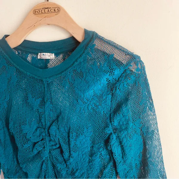 Free People Cool With It Lace Long Sleeve Top Teal Sheer Floral Mesh Size M - Image 4
