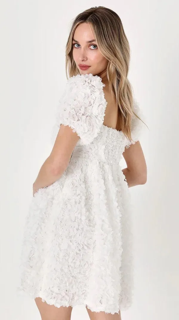 Precious Passion White Floral Puff Sleeve Babydoll Dress - Image 2