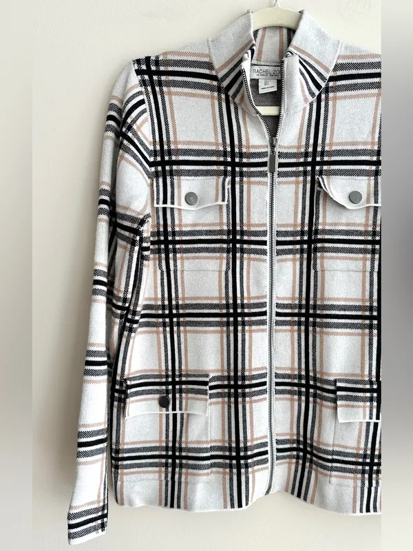 Rachel Zoe Women’s Plaid Sweater Jacket, Black/White/Tan, Fall Outerwear, Large - Image 2