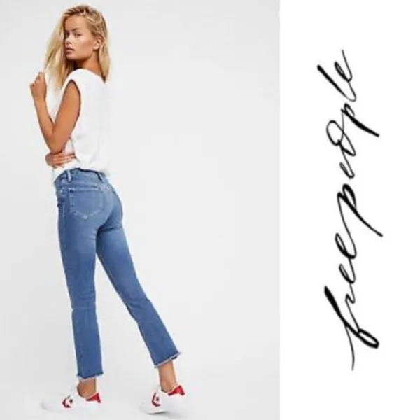 Free People Straight High Waist Frayed Hem Jeans - Image 2