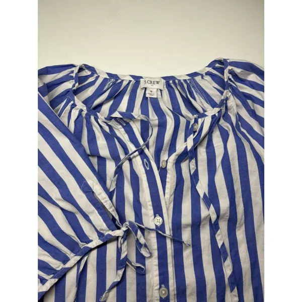 J.Crew Blue White Striped Blouse Tie Neck Puff Sleeve Coastal Chic - Image 9