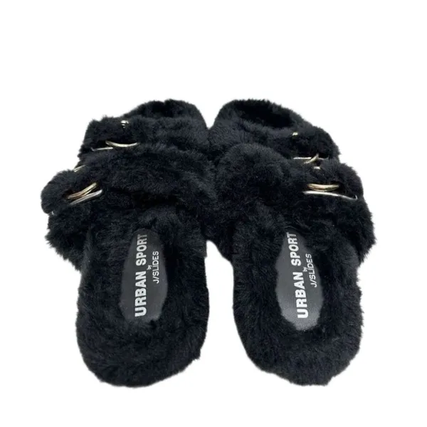 Urban Sports by‎ J/Slides Slippers Size 7 Black Faux Fur Slip On Winter Shoes - Image 5