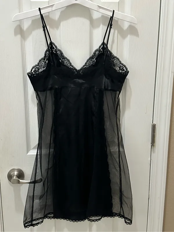Vintage Fredericks of Hollywood black satin sheer mesh chemise slip dress size M - Image 12