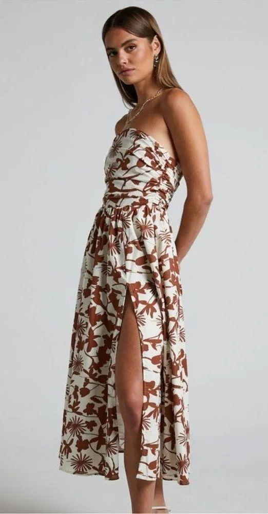 Showpo Evita Floral Midi Dress Ruched High Split Strapless NEW S - Image 3
