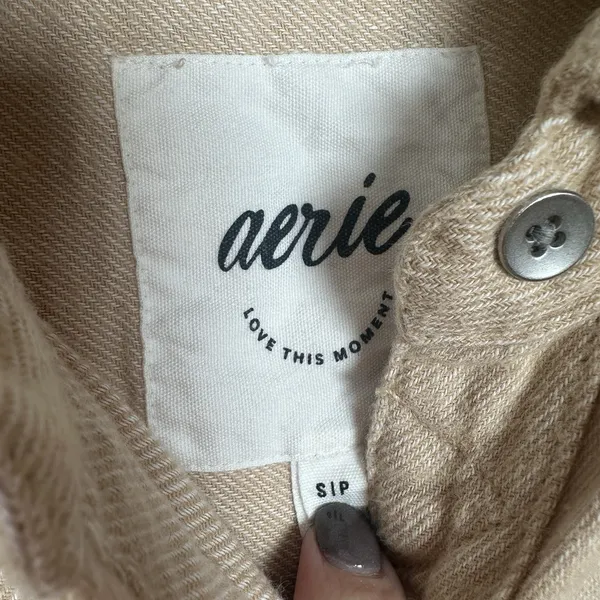 Aerie Flannel‎ Shirt Womens Size Small Oversized Metal Button Up Beige Cotton - Image 4