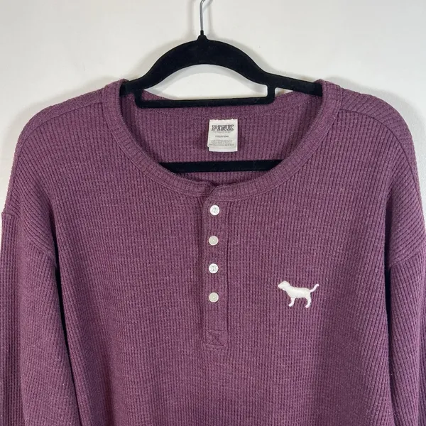 Victoria's Secret Purple Sleepwear Thermal Waffle Shirt Henley‎ Women’s Size L - Image 2
