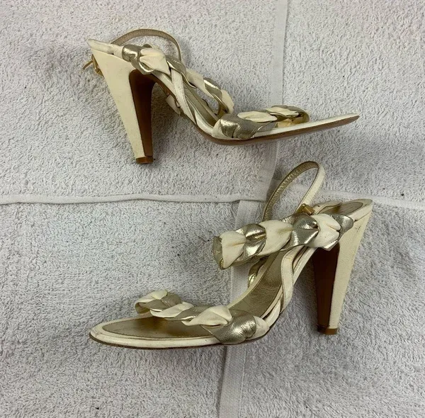 Bcbg maxazria White Gold braided peep toe heels - Image 3