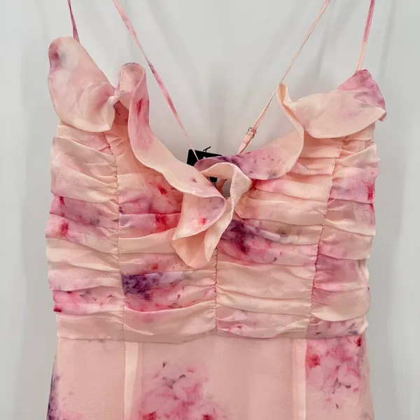 Lulu’s Pink Floral Fairy Ruffle Mini Party Dress Ruched Bodice Medium NEW - Image 9