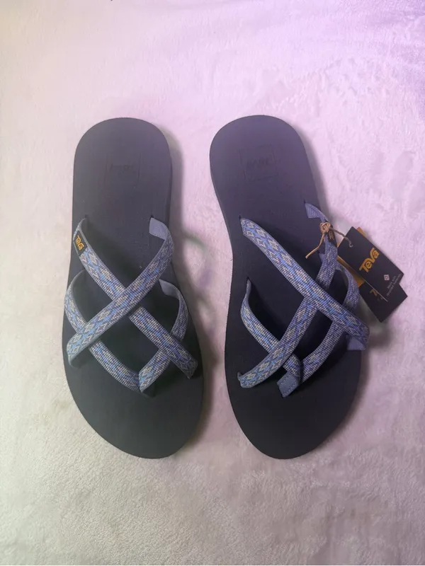 Teva Kids Navy Footbed Flip Flops with Blue Patterned Straps - Image 5