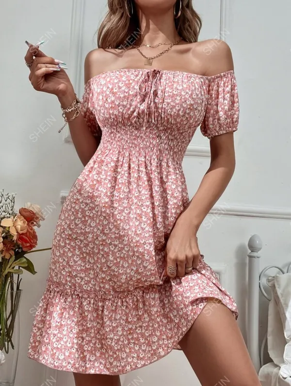 Ditsy Floral Off Shoulder Tie Front Ruffle Hem Dress - Image 4