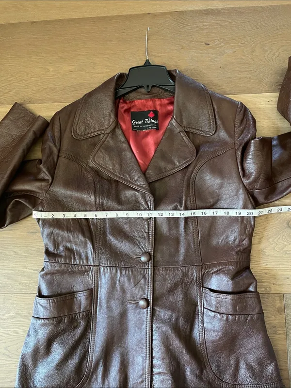 Great Things Vintage Chocolate Brown Genuine Leather Long Coat Jacket Size Large - Image 11