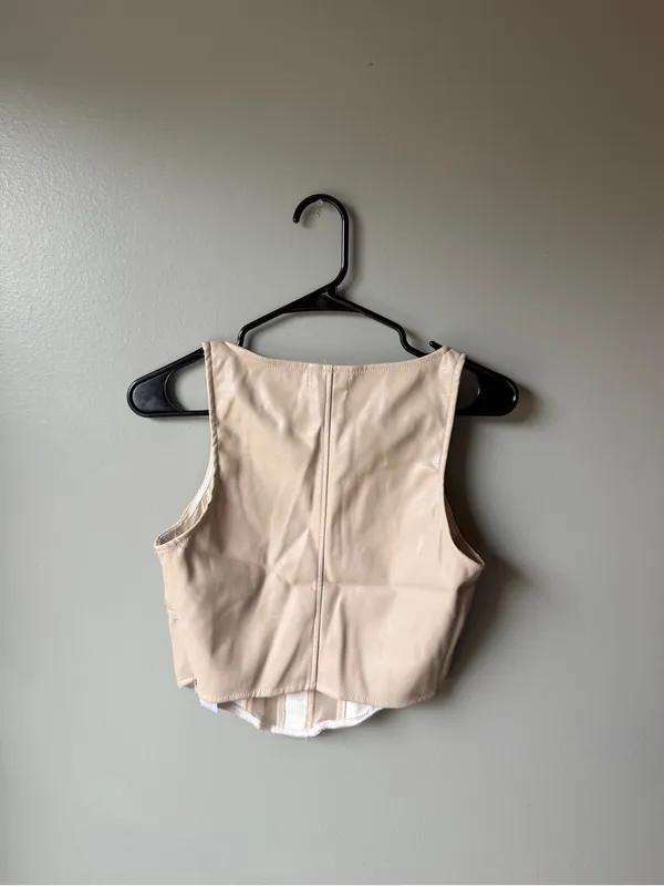 PrettyLittleThing Faux Leather Mesh Corset Crop Top Beige - Image 5