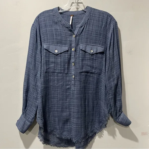 Free People Talk To‎ Me Popover Gauze Tunic Shirt Blouse XS sheer blue Boho - Image 4