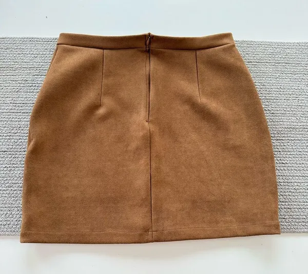Free Planet Cognac Brown Faux Suede Snap Front Detail Stretch Mini Skirt - Image 3
