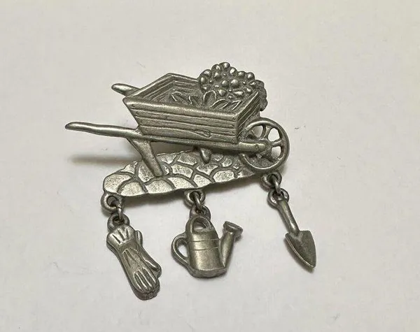 Signed LCD Gardening Wheelbarrow Garden Cart Pewter Silver Tone Brooch Pin - Image 6