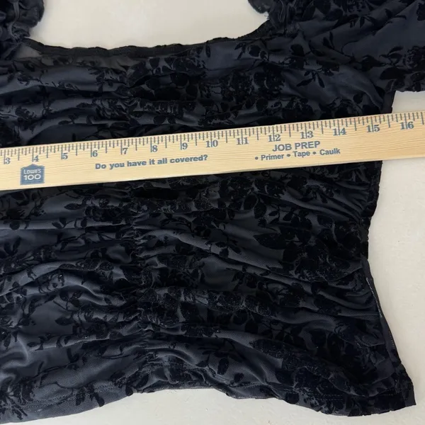 Black‎ Velvet Burnout Ruched Mesh Top Sweetheart Neck Whimsigoth Sheer Steampunk - Image 4