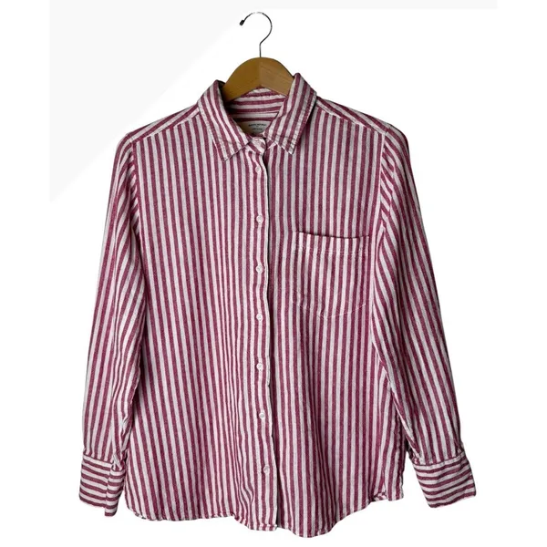 Banana Republic Button Down Shirt Women Large Pink Linen Blend Striped Preppy - Image 2