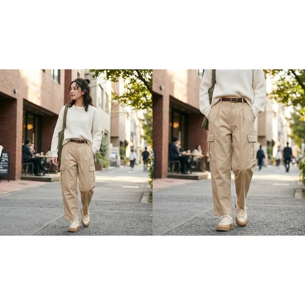 GU Women Beige Cotton Pleated Cargo Pants High Rise Relaxed Fit 827-459041 L - Image 2