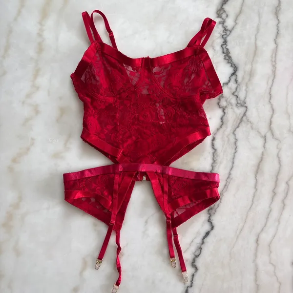Forplay Red Lace Corset Bustier Top Garter Straps Lingerie Teddy Bodysuit Large - Image 3