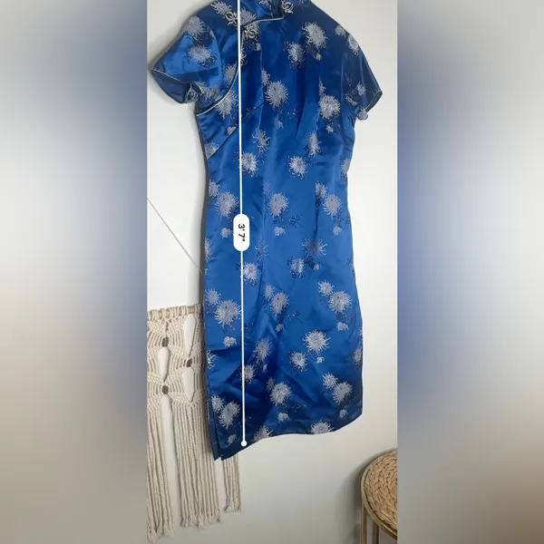 Vtg Cheongsam Dress Blue Floral Mandarin Collar Midi Length Frog Closure - Image 7