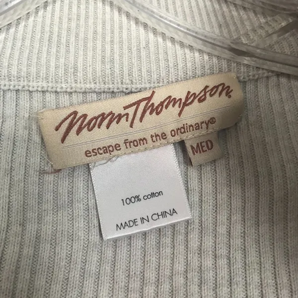 Norm Thompson Full Zip Cotton Ribbed Cream Sweater Size Medium - Image 2